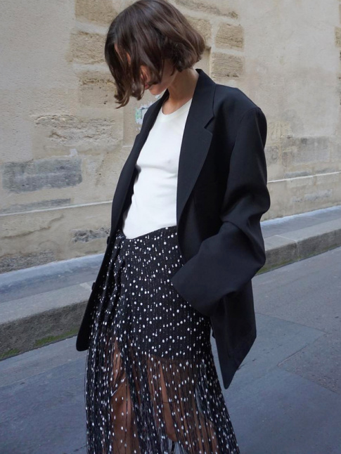 Oui au mix and match entre ampleur masculine et transparence mouchete !
