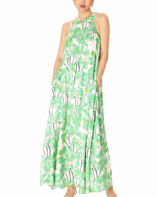 Robe longue vase motif floral sans manche col rond vert clair