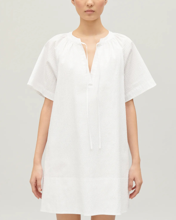 Robe courte droite col mao en coton mlang | Blanc