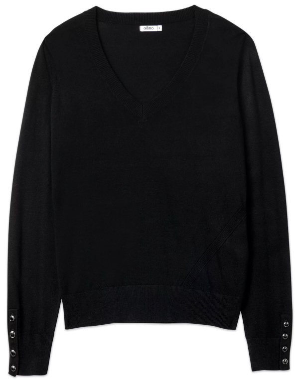 Pull fin  col V avec boutons aux poignets femme noir