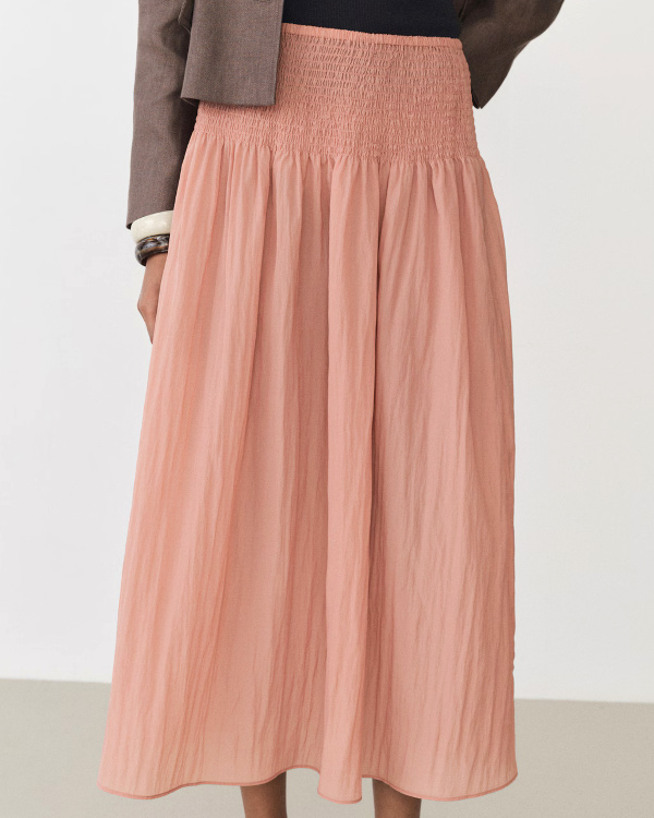 Jupe midi empiècement froncé rose
