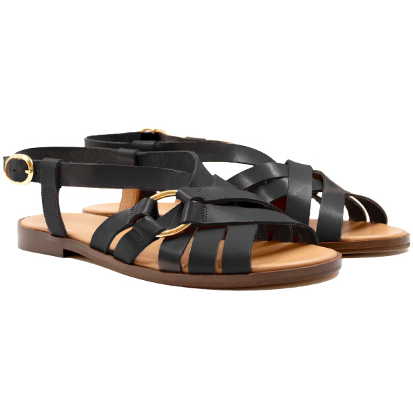 Sandales plates anneau cuir noir