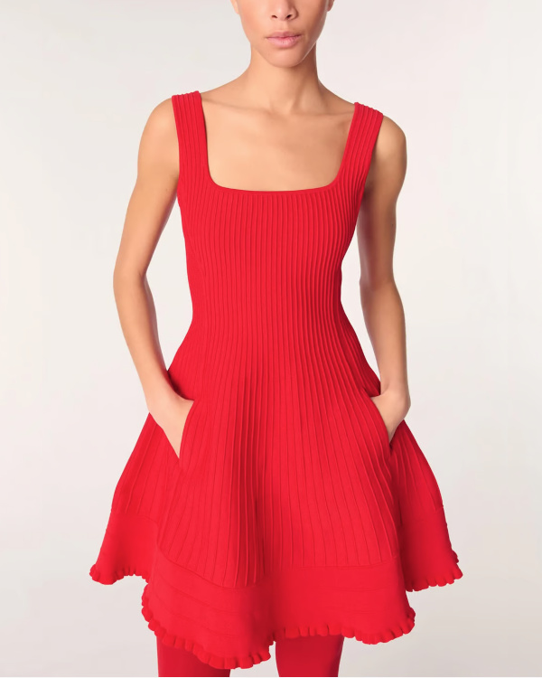 Robe évasée col carré - Rouge