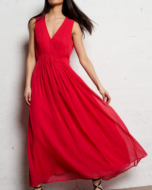 Robe longue sans manches col v - Rouge
