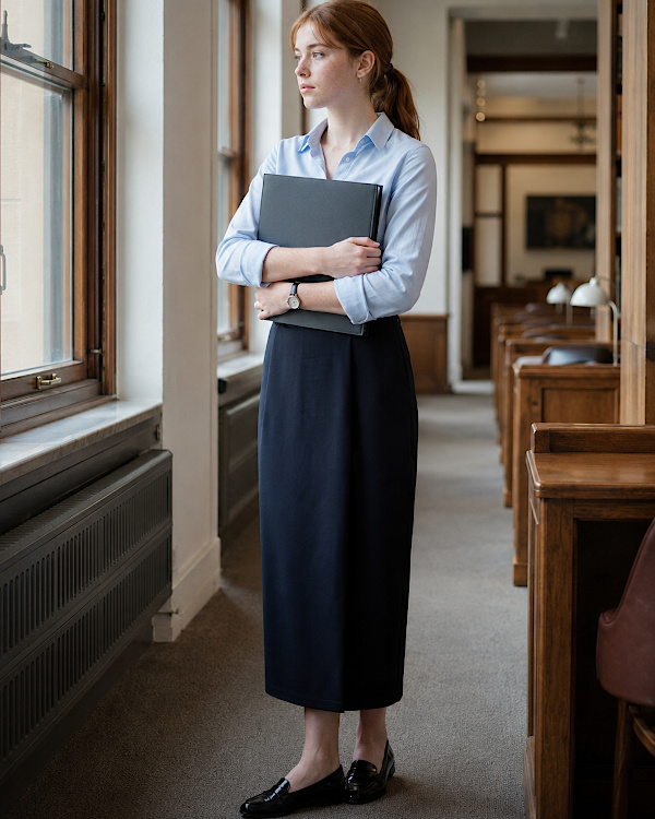 Jeune femme en chemise bleu clair, jupe longue bleu marine et mocassins dans une salle d’étude