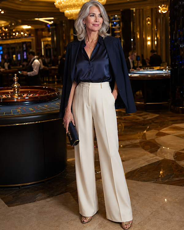 Femme en pantalon blanc et chemise bleu marine près d’une table de roulette