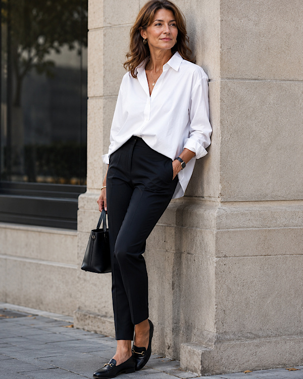 Femme élégante portant une chemise oversize blanche partiellement rentrée dans un pantalon noir