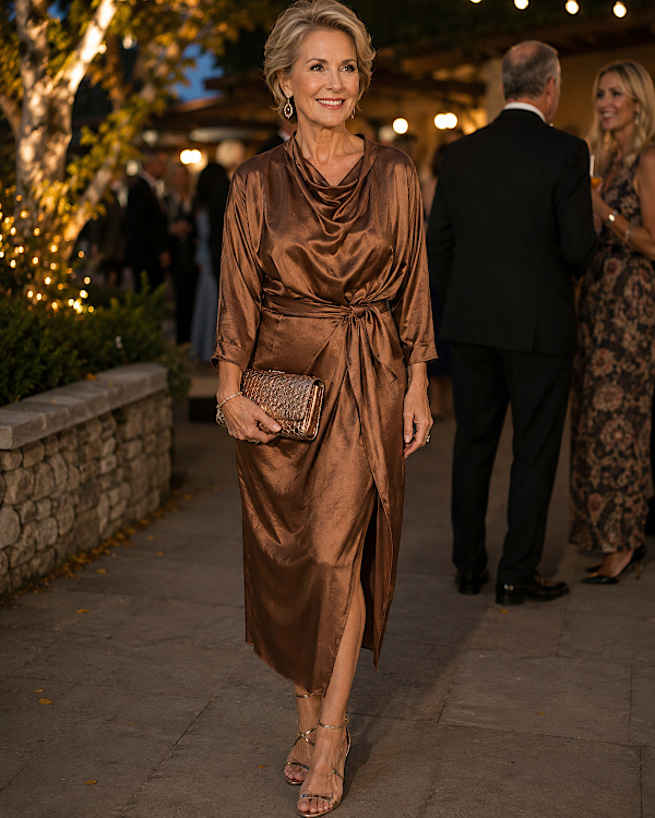 Invitée élégante portant une robe midi satinée bronze lors d’une réception de mariage en soirée