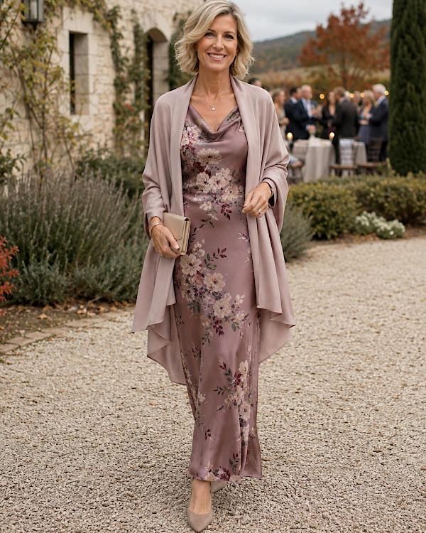 Femme en robe longue fleurie rose poudré accompagnée d’une étole fluide pour un mariage d’automne