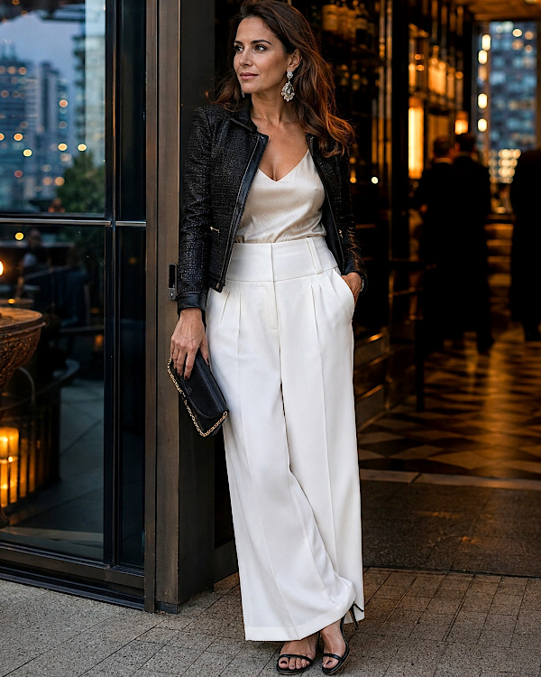 Femme en pantalon large blanc, caraco satiné et veste noire en soirée