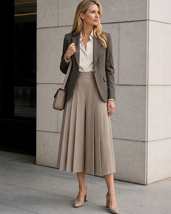 Jupe culotte plissée beige associée à un blazer taupe et une chemise claire