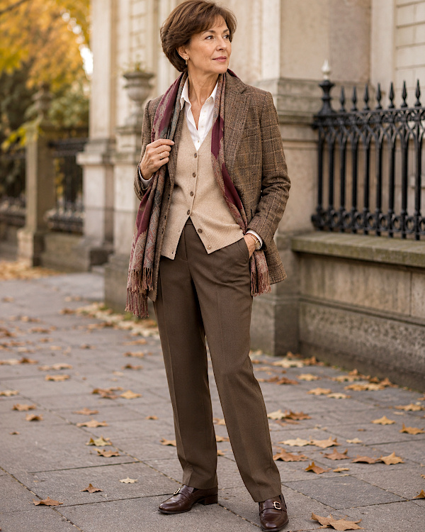 Look automnal superposé avec veste à carreaux, gilet et foulard