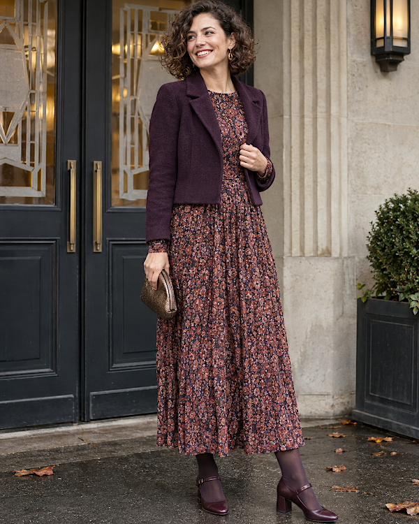 Femme en robe longue fleurie, veste bordeaux et escarpins à bride