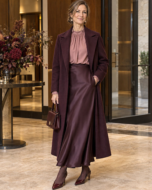 Femme en jupe satinée prune, blouse rose et long manteau bordeaux