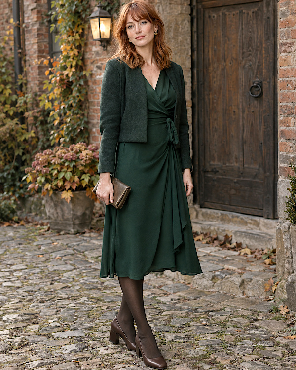 Femme en robe portefeuille vert foncé et veste courte assortie