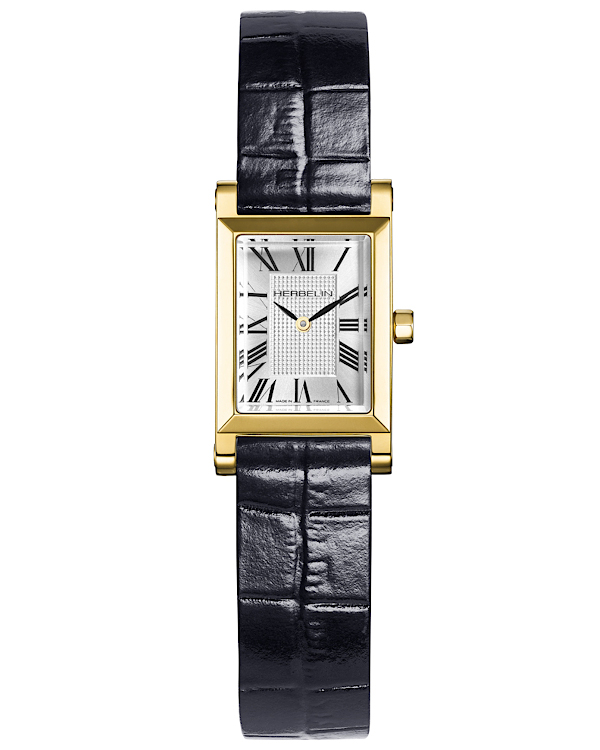 Montre femme rectangulaire dorée avec cadran blanc et bracelet noir