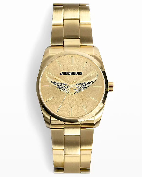 Montre femme entièrement dorée avec cadran rond et bracelet en métal