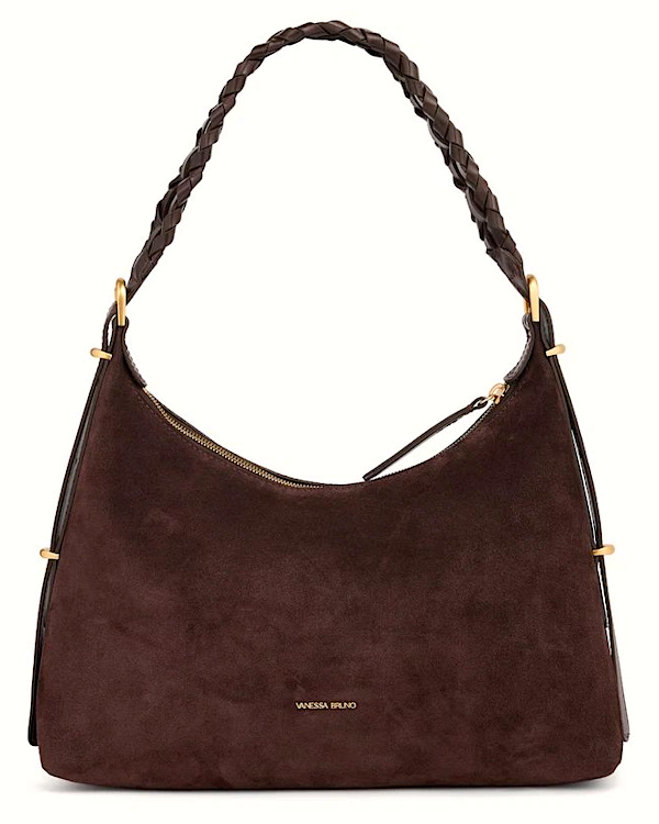 Sac hobo marron en daim avec anse tressée et détails dorés