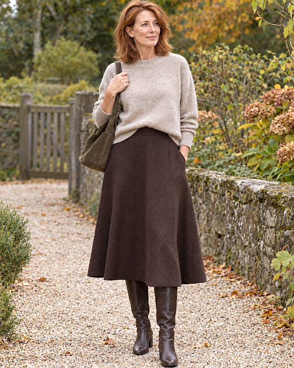 Femme rousse en pull beige, jupe midi marron et bottes hautes