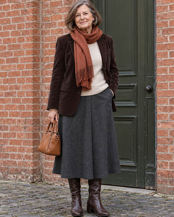 Femme aux cheveux gris en blazer marron, jupe midi grise, écharpe rouille et bottes hautes