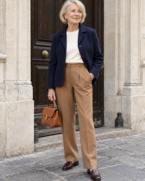 Femme de 70 ans en blazer bleu marine, pantalon camel taille haute et mocassins marron