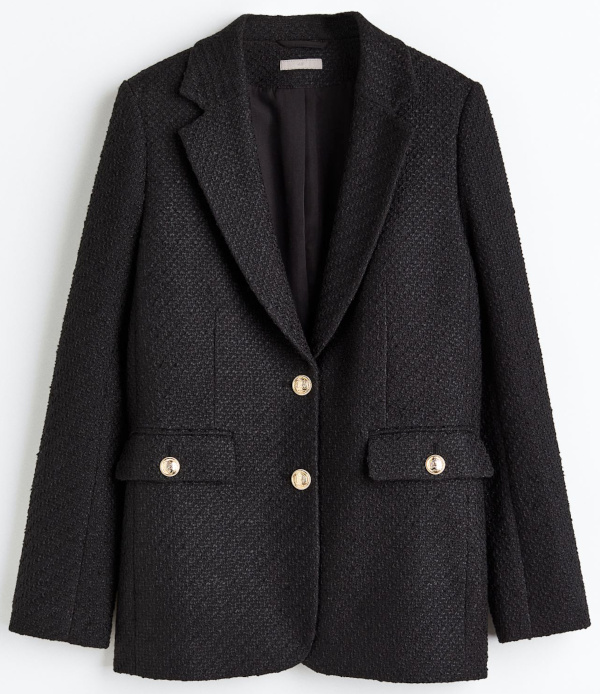 Blazer noir en tissu texturé, coupe droite, boutons dorés et poches à rabat