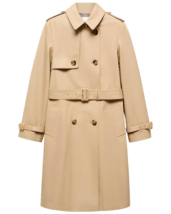 Trench-coat beige à double boutonnage, ceinture à boucle et pattes de serrage aux poignets